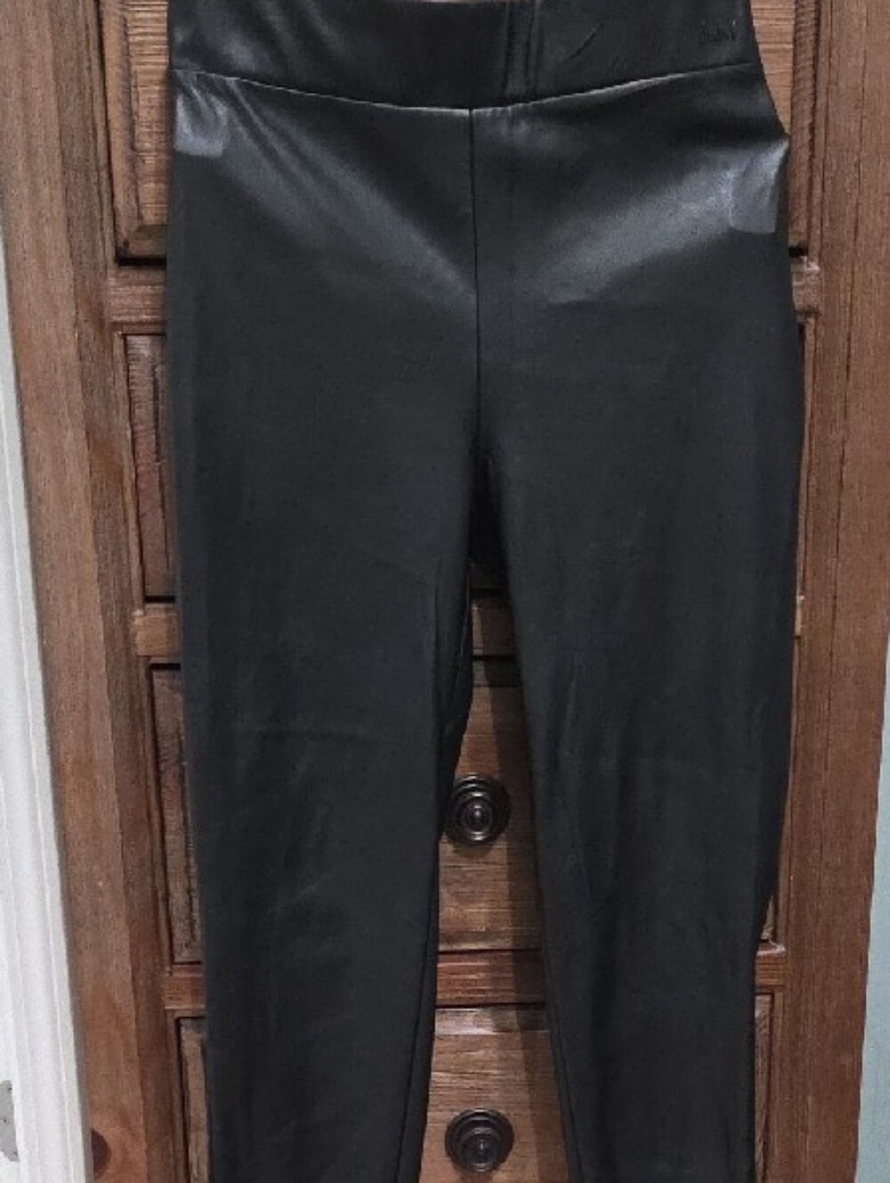 DKNY Black Faux Leather Leggings with Embossed Logo